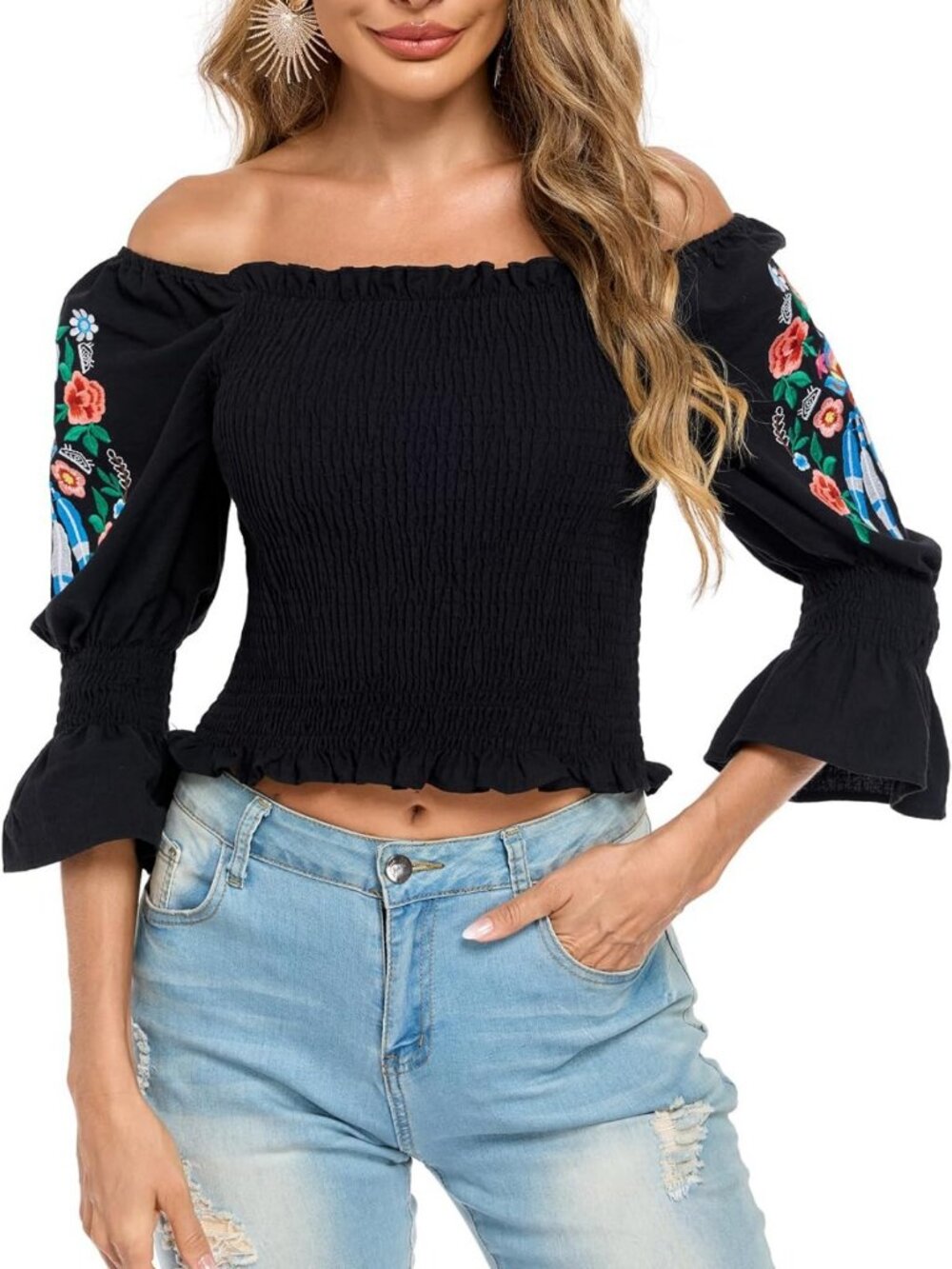 Boho Floral Embroidered Peasant Blouse | Women's Long Sleeve Puff Top